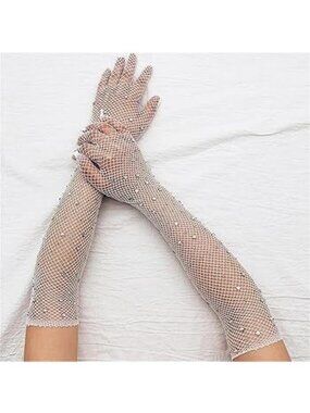 WHITE Mesh Rhinestone Opera Length Showgirl Gloves NEW NIP